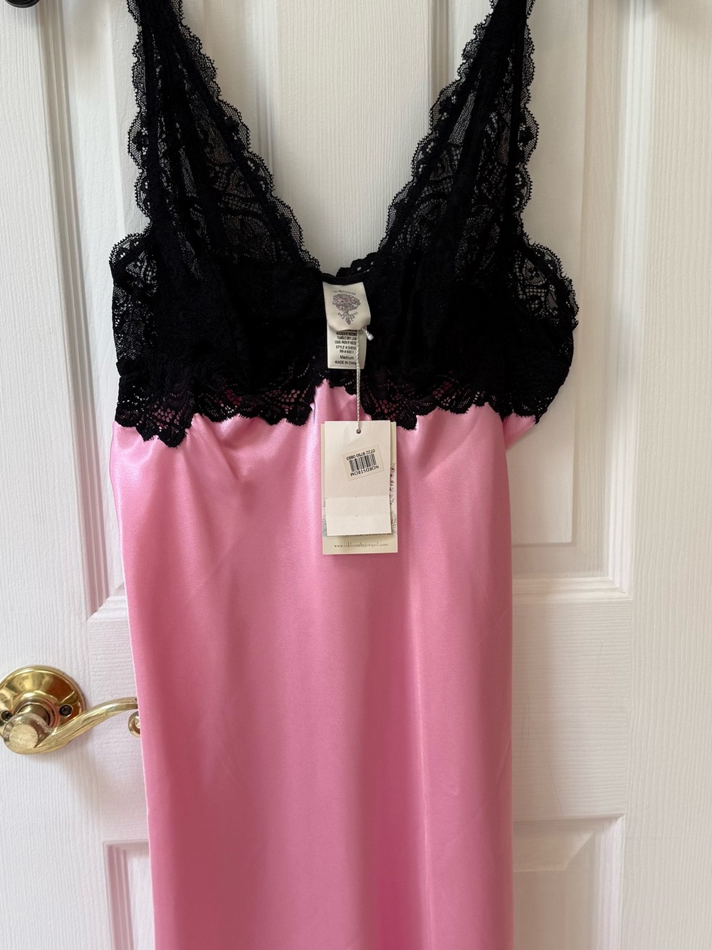 NWT Pink Satin Chemise Slip Black Lace Lingerie Nightgown M - Women Intimates